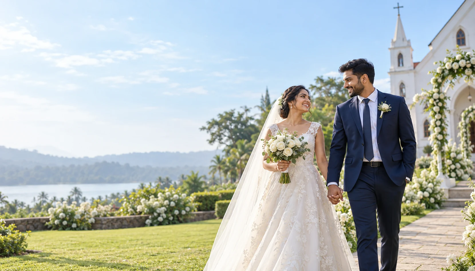 Illustrative Christian wedding couple in a garden